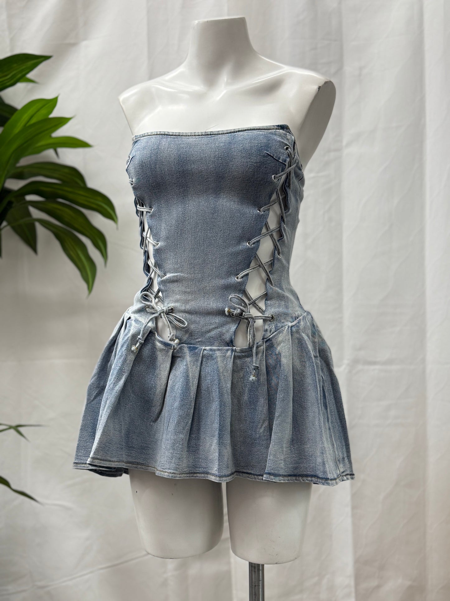 Open Side Mini Denim Romper Dress