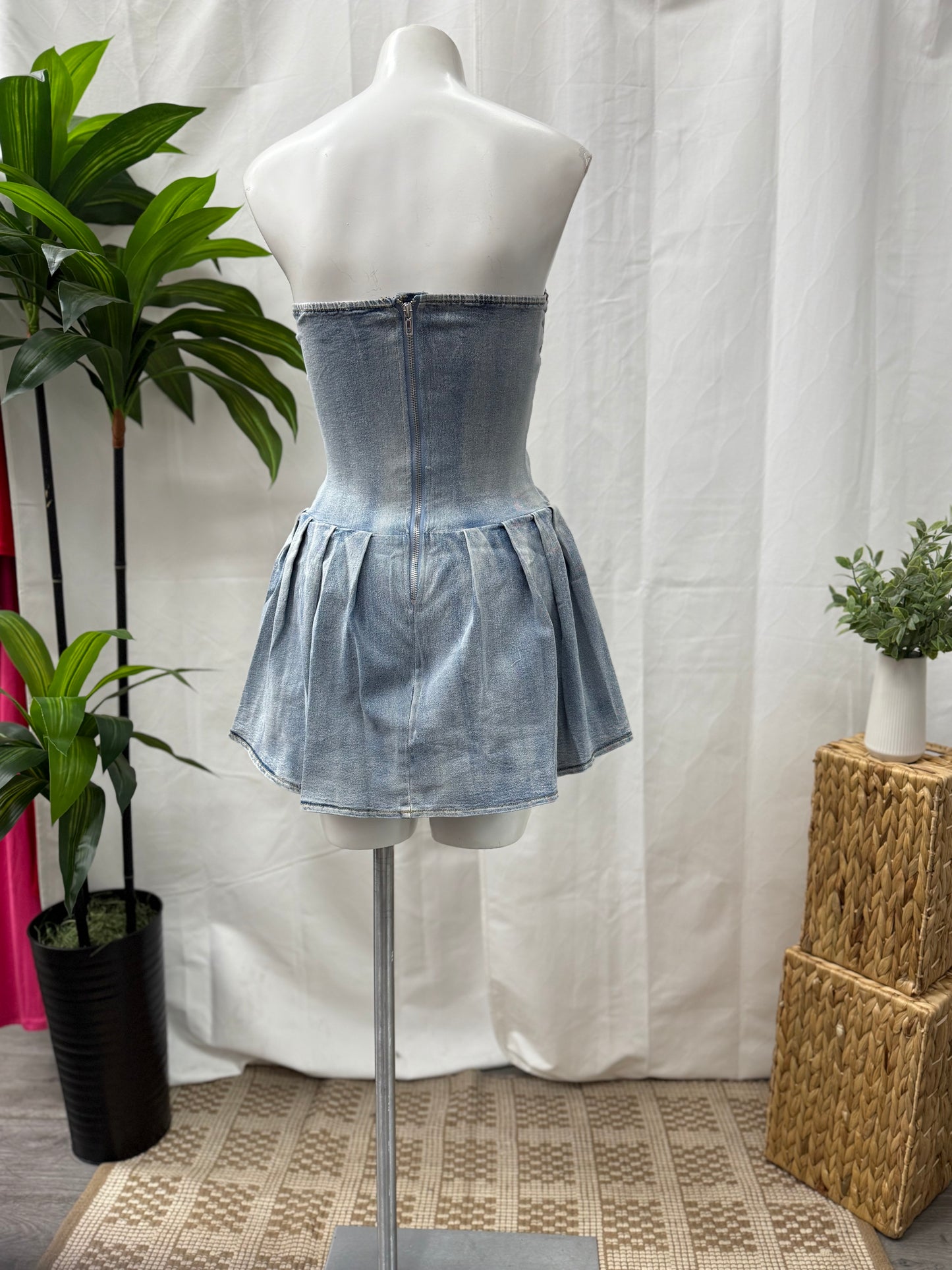 Open Side Mini Denim Romper Dress
