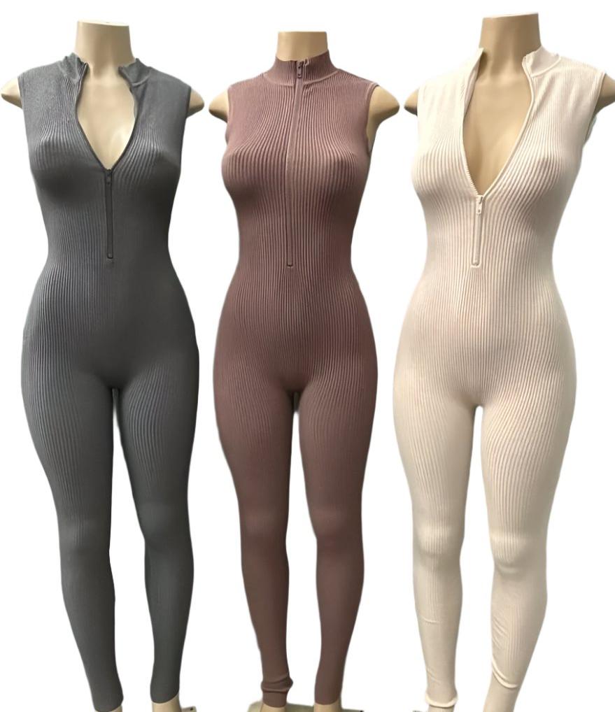 Short Sleeve Ribbed Zipper Jumpsuit