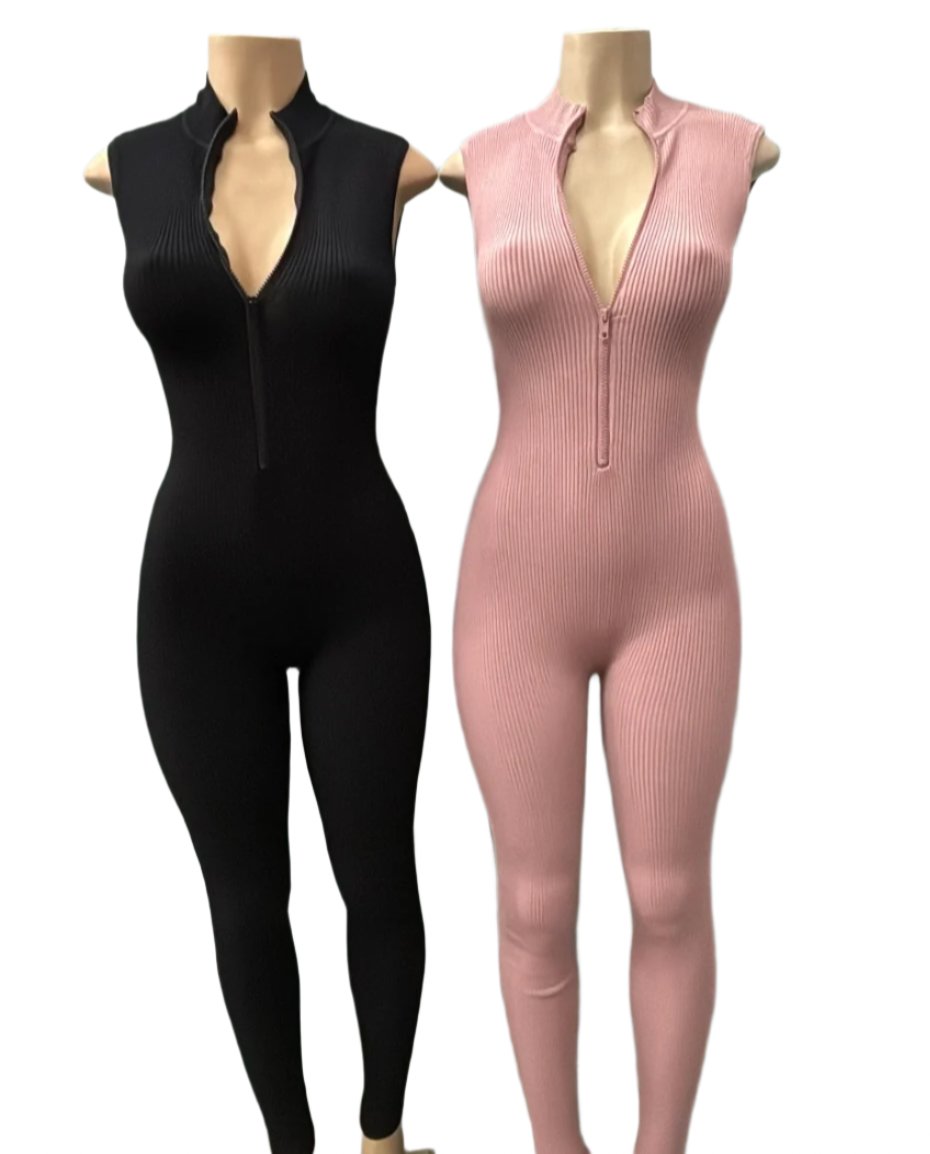 Short Sleeve Ribbed Zipper Jumpsuit
